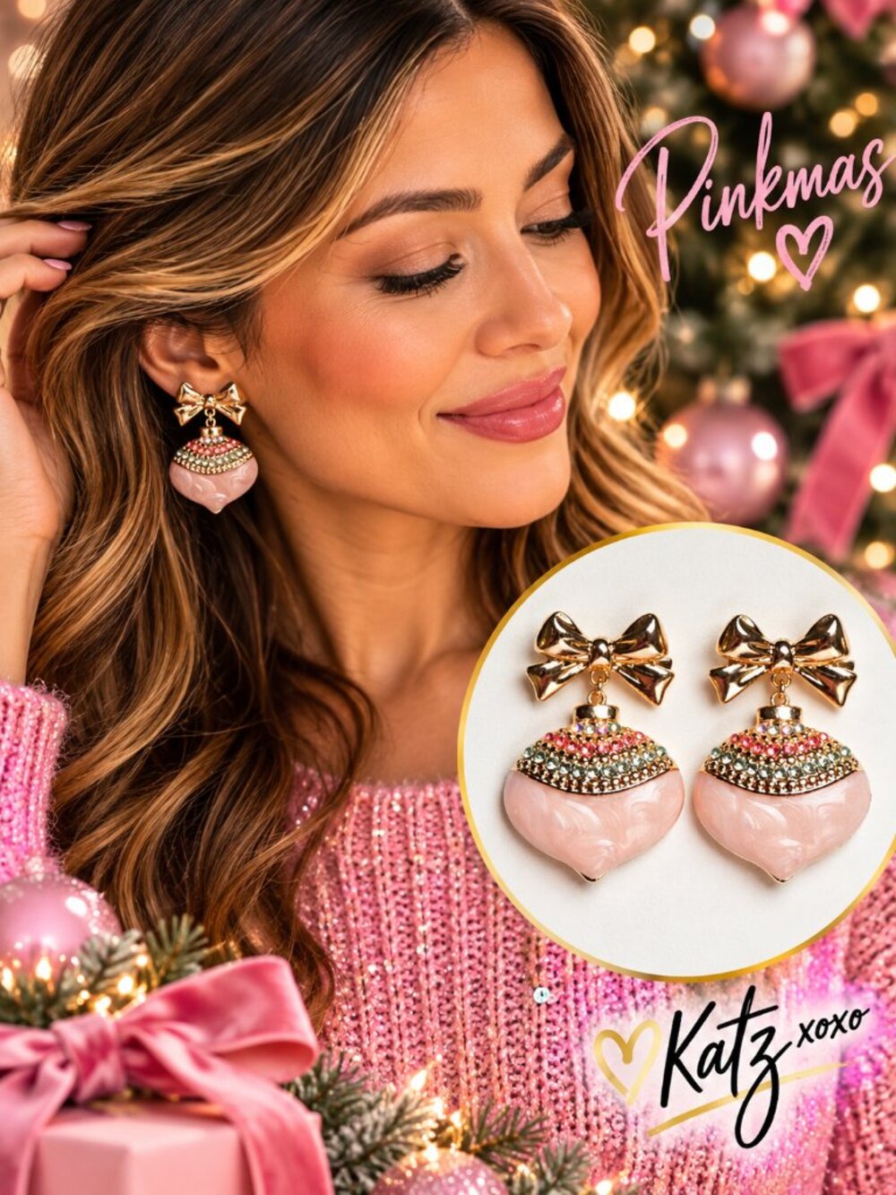 Pink Christmas Ornament Earrings Gold Bow Crystal Holiday Coquette Glam Dangle